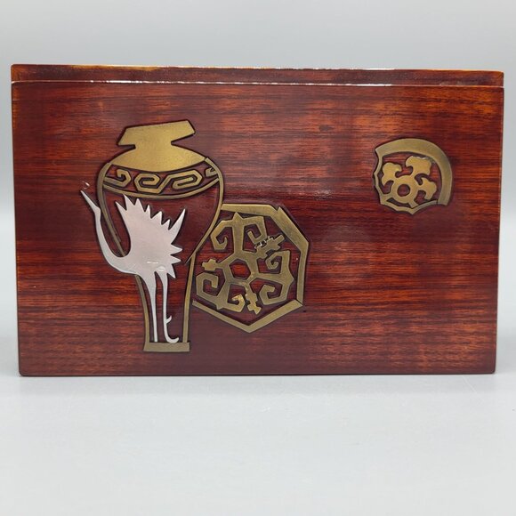 Vintage Asian Decorative Wooden Trinket Box Metal Inlays with Lid - Picture 2 of 16